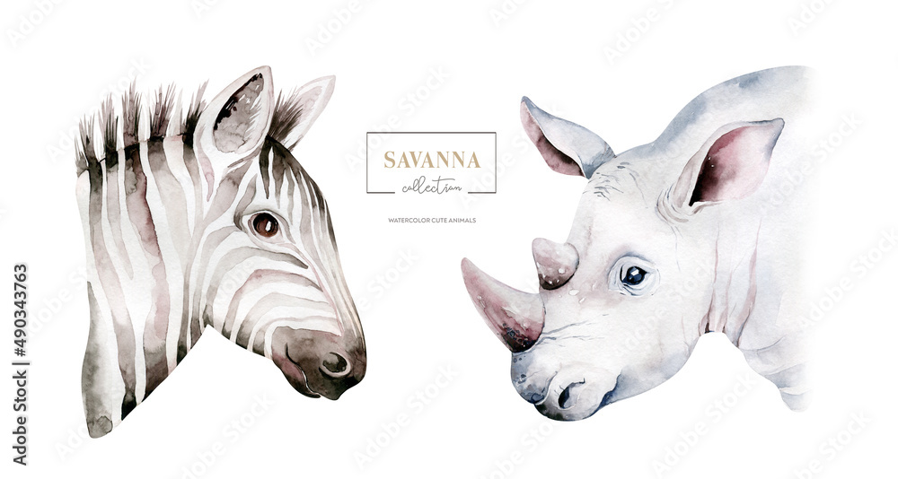 Wall mural africa watercolor savanna zebra and rhino animal. african safari cute animals portrait character.per