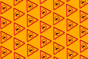 Danger traffic sign pattern with a military tank with the forbidden symbol on a yellow background. Concept of War, Russia and war conflict.