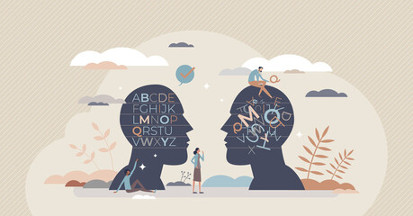 Dyslexia as learning disorder and understanding problem tiny person concept. Mental illness with text reading difficulty and disability to recognize letters compared with healthy vector illustration. - obrazy, fototapety, plakaty