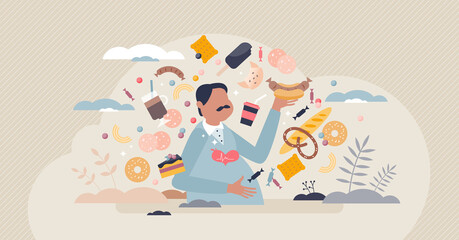 Obesity and overweight problem with unhealthy lifestyle tiny person concept. Eating junk and fast food, sweets, candies and soft drinks with overeating mental issue vector illustration. Weight illness