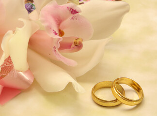 Pink Orchid and Wedding Rings Close up