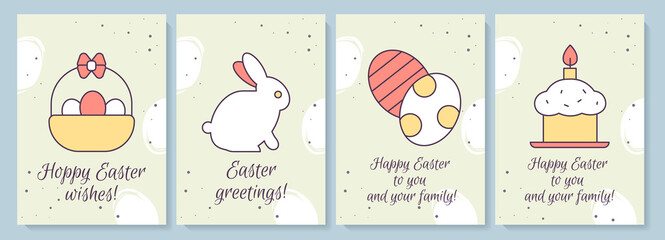 Celebrating Easter greeting card with color icon element set. Spring holiday. Postcard vector design. Decorative flyer with creative illustration. Notecard with congratulatory message on grey