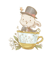 Vector spring illustration of cute bunny in top hat and suit with pocket watch sitting in huge tea cup isolated. Vintage hand drawn sketch style. For cards, prints, posters, banners etc.