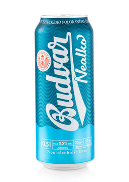 LONDON,UK - FEBRUARY 06,2022: Alcohol free Budvar czech beer on white background.