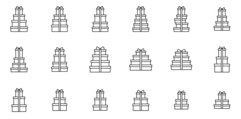 Pile of tied gift boxes in several layers. Stack of big and small gifts with single ribbon and bow. Heap of packed presents. Set of thin line vector icons. 64x64 pixels. Editable Strokes. Part 1