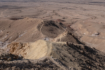 Aerial closeup view of the ascent trail on Mount Ardon with the Ramon Crater below in the background, Mitzpe Ramon, Beer Sheba, Negev Desert, Southern Israel, Israel	