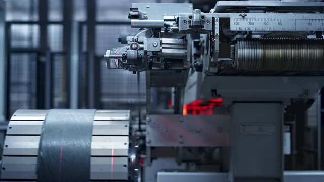 Closeup tyre manufacture machine working in industrial automated workshop