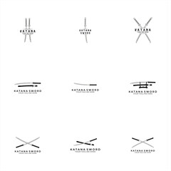 set katana sword logo design vector line illustration art samurai traditional ninja culture japanese fighter battle war asian