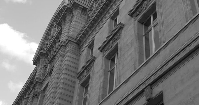 Cinematic view of famous french Sorbonne University in 5eme arrondissement, Paris, France in black and white college