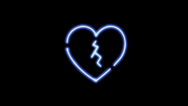 Broken Heart Neon Sign, light, glowing, bright, heart break, hearts, symbol, icon, simple, alone, lonely, sad,  hurt, sympathy, breakup, dark, red, pink, blue, flicker, icon, symbol, stop motion, 