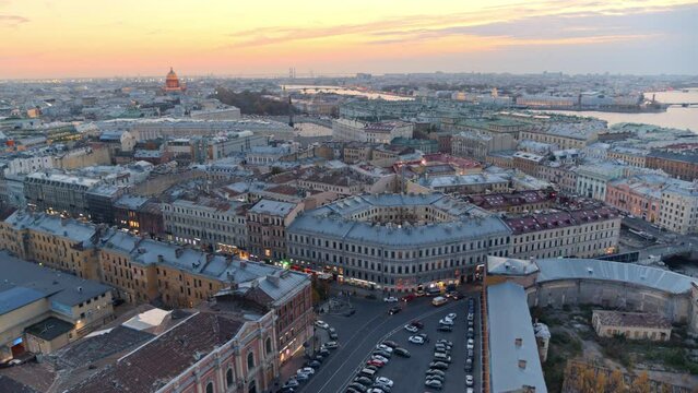 Roof top view center of Saint Petersburg city at sun set. Palace square