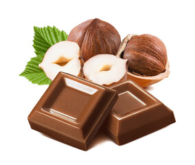 Hazelnuts and chocolate squares isolated on white background