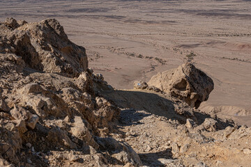 View of the Ramon Carater below as seen from the the ascent trail on Mount Ardon , Mitzpe Ramon, Beer Sheba, Negev Desert, Southern Israel, Israel