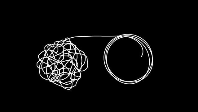 Organization, systemize, solve, tangle, knot, confusion, difficult, unhappy, overwhelmed, string, messy, simple, line, complex, ball, brain, drawing, hand-drawn, Doodle, symbol, icon, animation, 4K