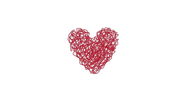 Messy, Complex, tangled, red, heart-shaped wire knot with black, white, and green chromakey background in hand-drawn, doodle style low frame rate animation. 