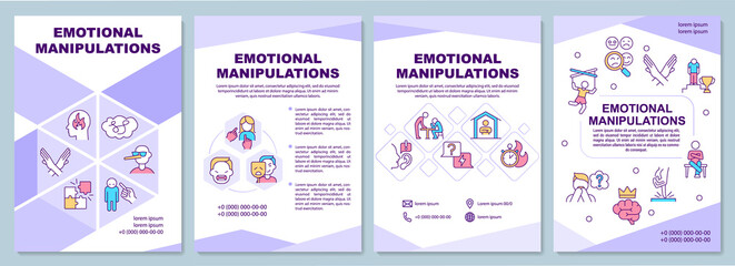 Emotional manipulations purple brochure template. Abusive behavior. Leaflet design with linear icons. 4 vector layouts for presentation, annual reports. Arial-Black, Myriad Pro-Regular fonts used