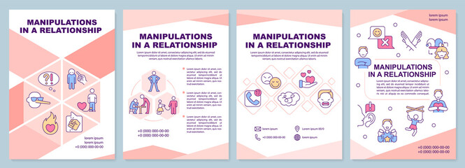 Manipulations in relationships pink brochure template. Feeling confused. Leaflet design with linear icons. 4 vector layouts for presentation, annual reports. Arial-Black, Myriad Pro-Regular fonts used - obrazy, fototapety, plakaty