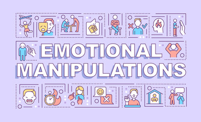 Emotional manipulations word concepts purple banner. Mental distortion. Infographics with icons on color background. Isolated typography. Vector illustration with text. Arial-Black font used