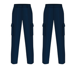 Navy Blue Factory Uniform Pants Template on White Background. Front and Back View, Vector File.