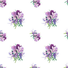Seamless watercolor floral pattern - elements of purple rosemary flowers on a white background Suitable for wrappers, wallpapers, postcards, greeting cards, wedding invitations, events, packages