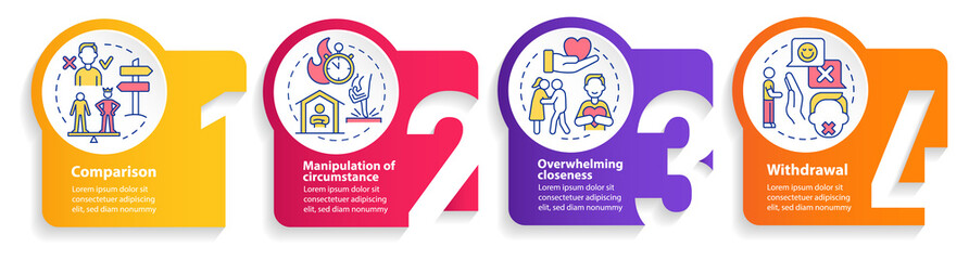 Psychological manipulation signs circle infographic template. Data visualization with 4 steps. Process timeline info chart. Workflow layout with line icons. Myriad Pro-Bold, Regular fonts used