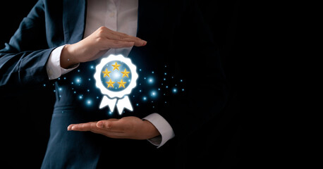 Hand shows the sign of the top service Quality assurance, Guarantee, Standards, ISO certification and standardization concept.	
