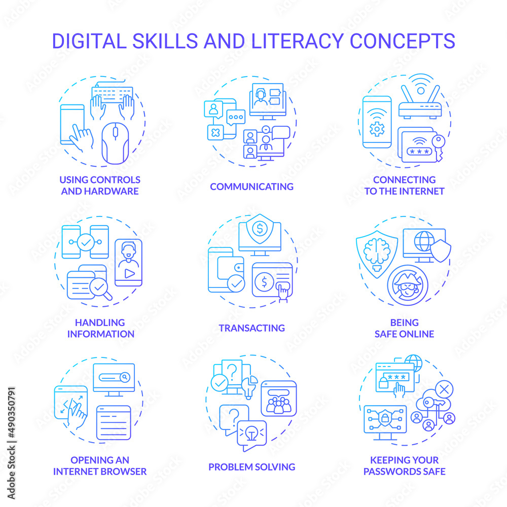 Poster Digital literacy and skills blue gradient concept icons set. Computer system. Cyberspace idea thin line color illustrations. Isolated symbols. Roboto-Medium, Myriad Pro-Bold fonts used