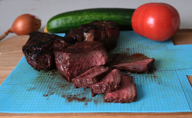 beef steak and vegetables on the table