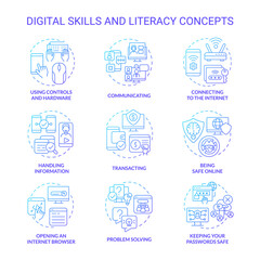 Digital literacy and skills blue gradient concept icons set. Computer system. Cyberspace idea thin line color illustrations. Isolated symbols. Roboto-Medium, Myriad Pro-Bold fonts used