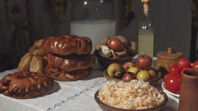 Footage of folk dishes of the Slavic people. Tasty. Appetizing. Healthy food with lots of vitamins