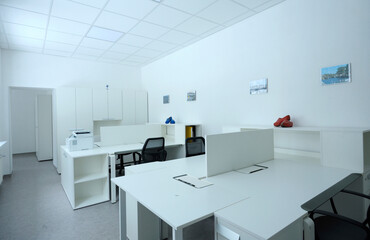 Fototapeta na wymiar Empty accountant room. Worktable, chairs, office furniture and equipment