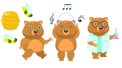 Set Abstract Collection Flat Cartoon Different Animal Wombat Running Away From Bees, Listening To Music On Headphones, Flask Scientist Vector Design Style Elements Fauna Wildlife