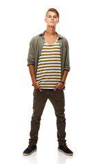 Fototapeta premium No trend or style escapes his eye. A full length studio shot of a stylishly dressed young man.