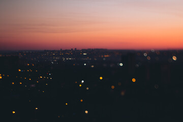 Art landscape with a view of the city and sunset. With film, grain and blur effects