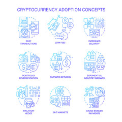 Fototapeta premium Cryptocurrency adoption blue gradient concept icons set. Easy transactions idea thin line color illustrations. Increased security. Isolated symbols. Roboto-Medium, Myriad Pro-Bold fonts used