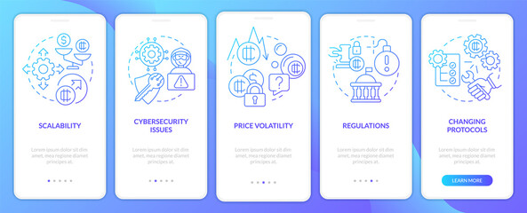 Crypto-currency downsides blue gradient onboarding mobile app screen. Walkthrough 5 steps graphic instructions pages with linear concepts. UI, UX, GUI template. Myriad Pro-Bold, Regular fonts used
