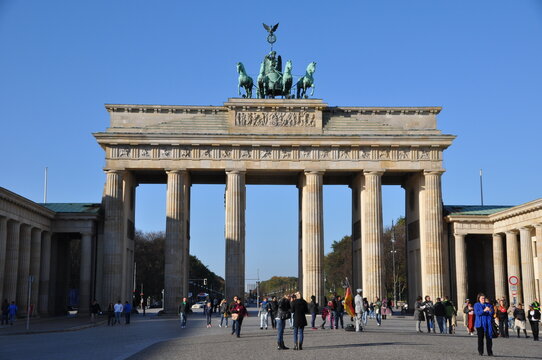 Panorama of Berlin, Brandenburg Gate. A large group of people in the square. 10/30/2013, Berlin, Germany.