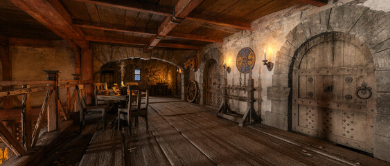 Wide panoramic 3d rendering of upstairs room in medieval fantasy inn. - obrazy, fototapety, plakaty