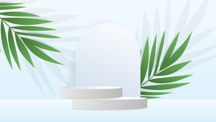 White Podium with palm left on white background , 3D stage podium display product , stand to show cosmetic products ,illustration 3d Vector EPS 10
