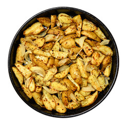 roasted potatoes in a frying pan, cooked food, delicious crust, one object isolated on white background