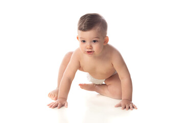 Funny child baby boy toddler naked in diaper