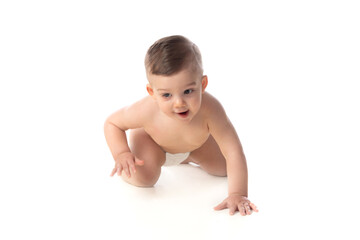 Funny child baby boy toddler naked in diaper