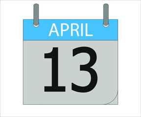 April 13st. Calendar icon. Month, date, year, holidays, week and weekend.