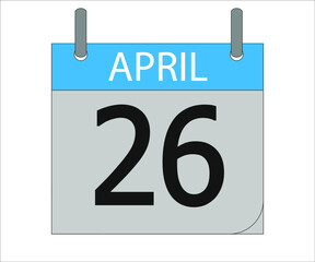 April 26st. Calendar icon. Month, date, year, holidays, week and weekend.