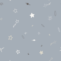 Vector space seamless pattern with planets, comets, constellations and stars. Night sky hand drawn doodle astronomical background