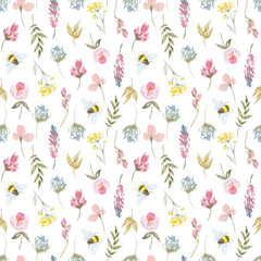 Watercolor botanical seamless pattern wild flowers and garden plants. Hand drawn leaves, pink flowers, herbs and natural elements. For decorations, scrapbooking, cards for birthday, party,baby shower.