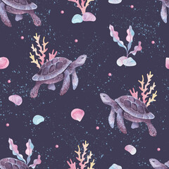 Watercolor kids seamless pattern. Turtle, coral, shells illustrations. marine animals holidays background, summer background. For print, kids cards, linens, wallpaper, textile, fabric.