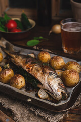 Baked Sea Bass Stuffed with Sorrel on Baking Tray