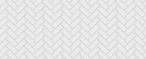 Herring bone tiles. Seamless brick wall. White kitchen background. Ceramic pattern. Apron faience texture. Subway backdrop. Vintage metro brickwall. Cement stone backsplash. Vector illustration