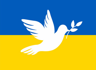 Dove of peace on the background of the Ukrainian flag. Stop world war. Symbol of peace and freedom on the background of the Ukrainian flag